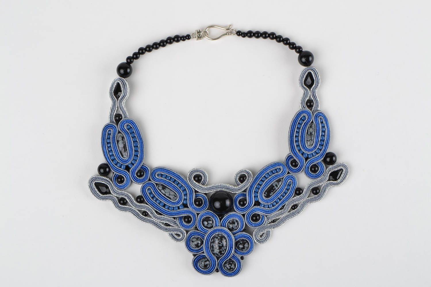 Handmade designer soutache necklace with obsidian Winter Sky photo 3