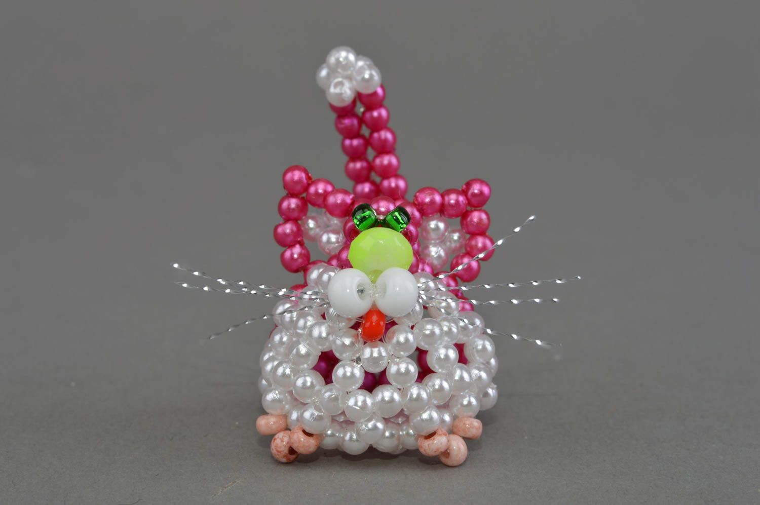Small handmade decorative beaded statuette of cat of crimson color for gift photo 4