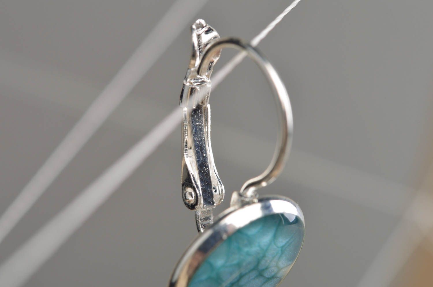 Handmade long earrings with epoxy resin stylish blue unusual designer accessory photo 2