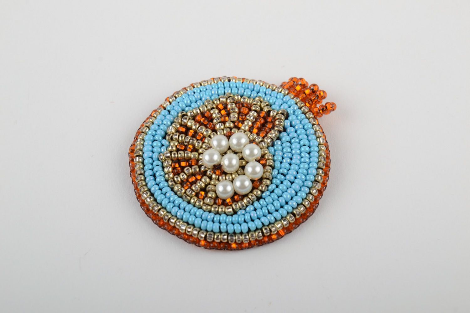 Handmade round brooch neck pendant woven of Czech beads of blue color photo 3