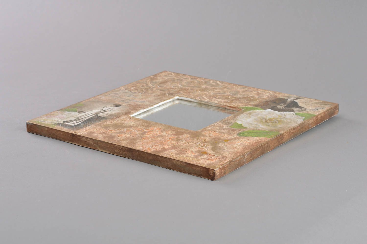 Beautiful handmade square decoupage mirror in brown wooden frame photo 2