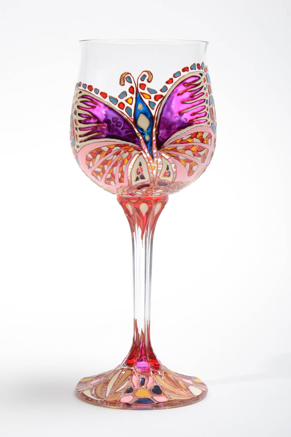Bemaltes Glas handgemachtes Geschirr Trinkglas farbig mit Schmetterling 300 ml foto 2