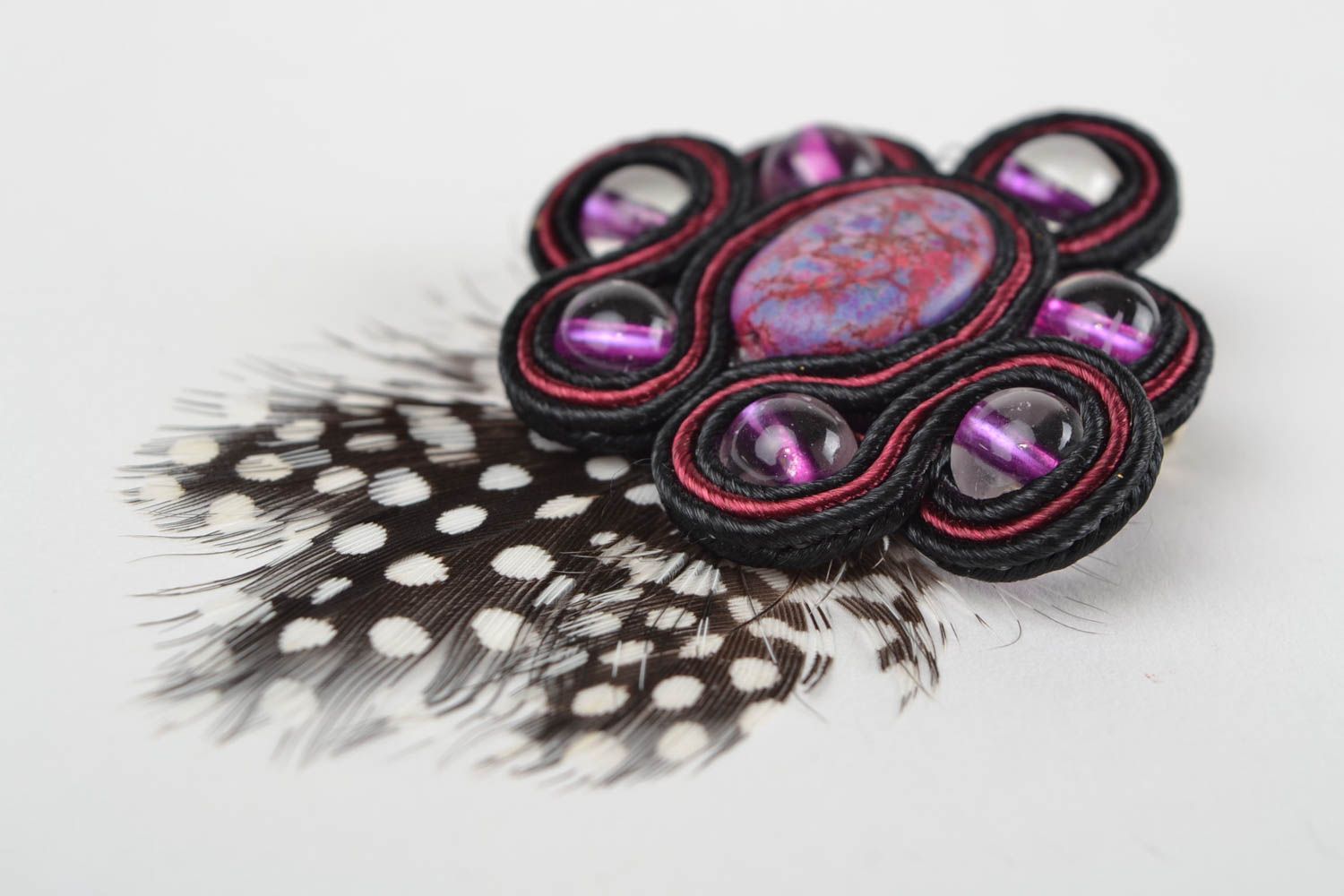 Handmade unusual design soutache brooch with feathers and natural howlite stone photo 3