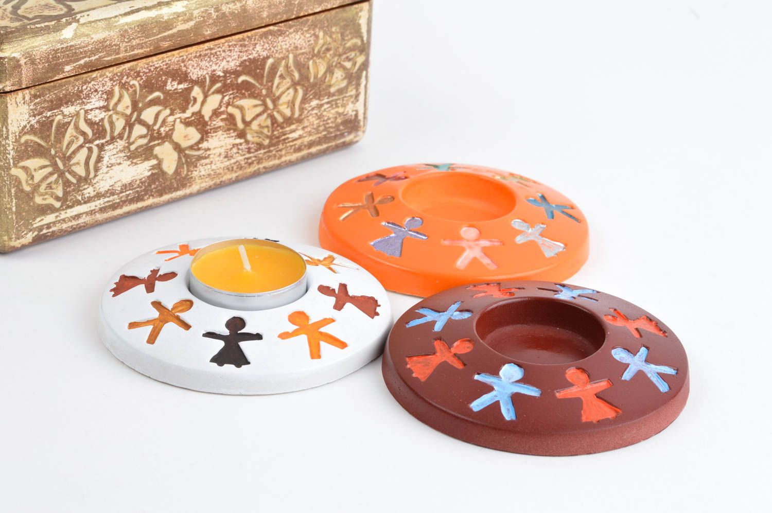 Set of 3 flat ceramic plate tea light candle holders in white, terracotta and brown colors photo 1