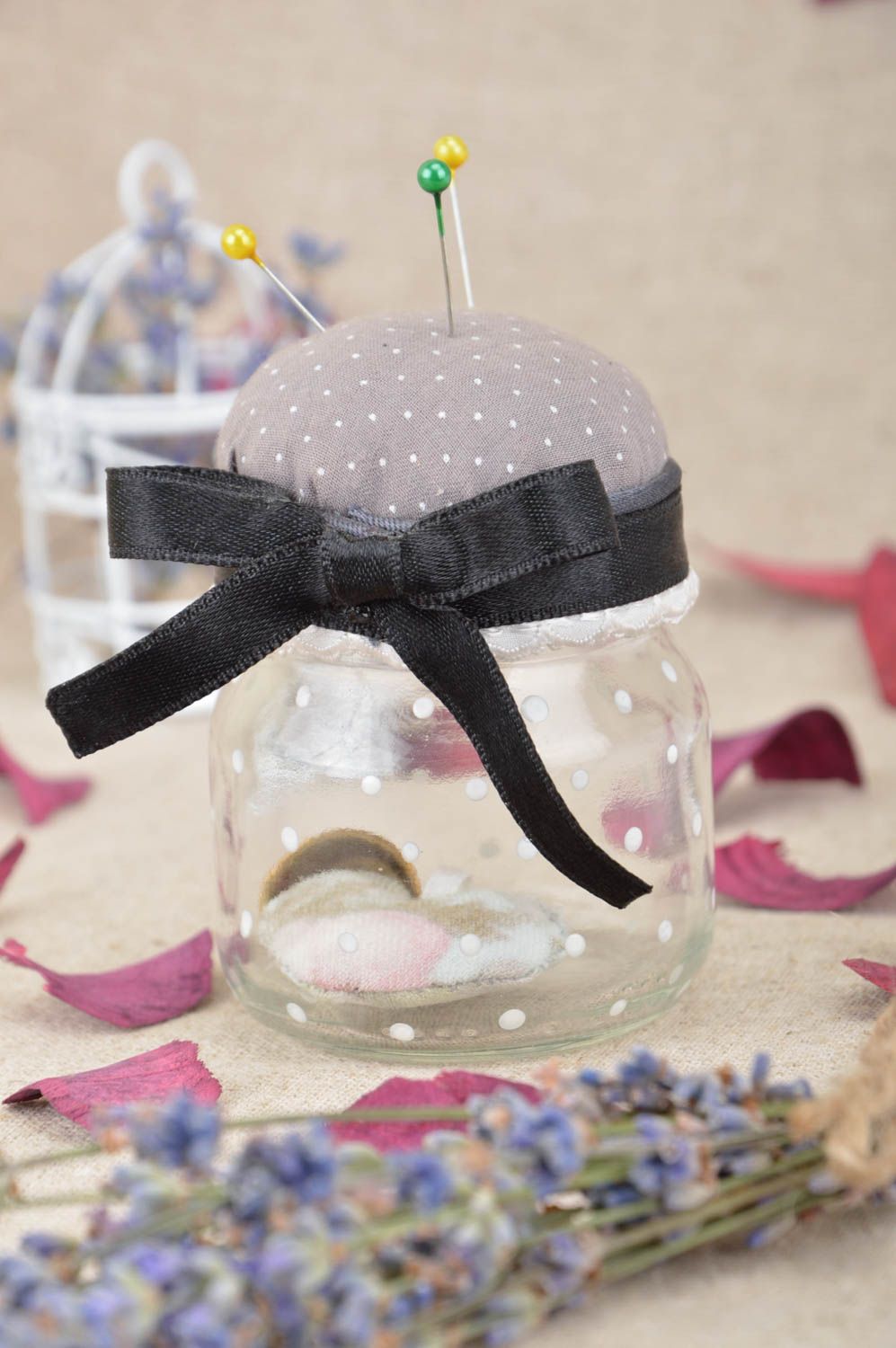 Handmade unusual beautiful soft needle bed with basis in shape of glass jar photo 1