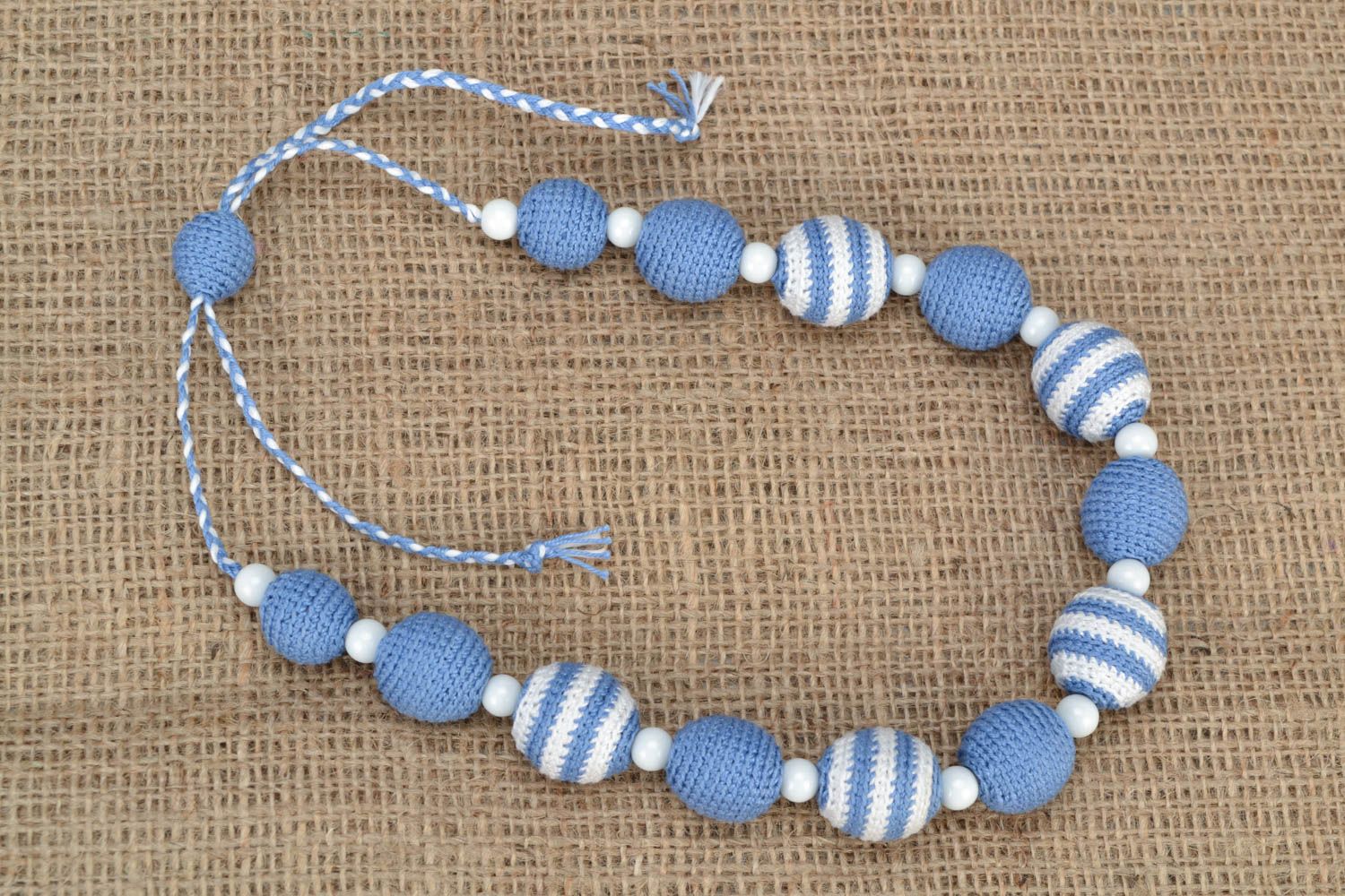 Blue handmade designer soft babywearing necklace crochet over with cotton threads photo 2