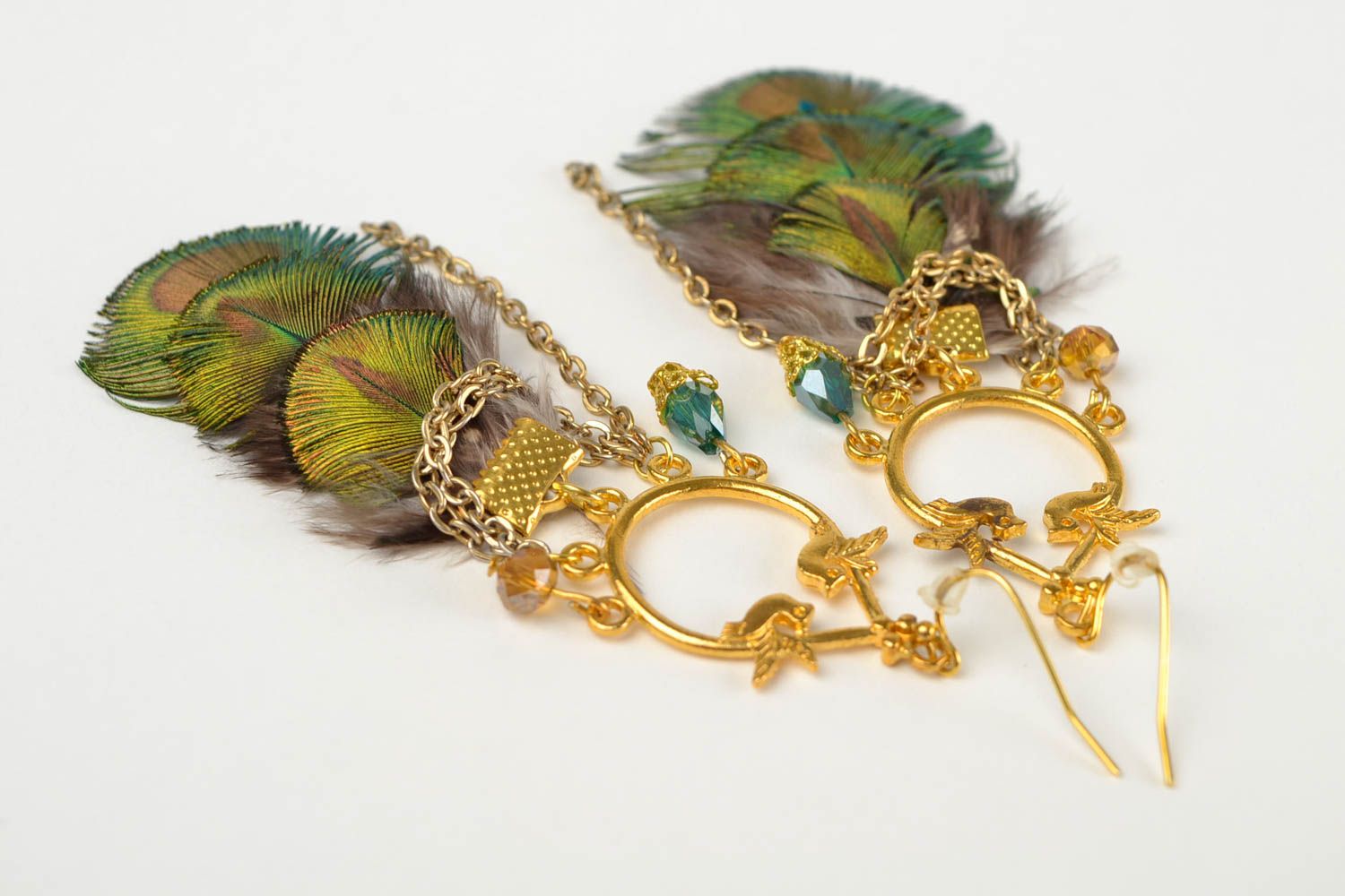 Stylish peacock feather earrings handmade designer bijouterie unique present photo 5