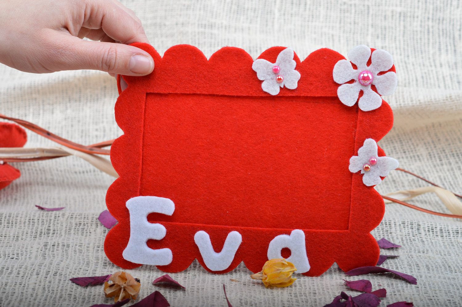 Handmade red felt wall photo frame with baby's name Eva photo 5