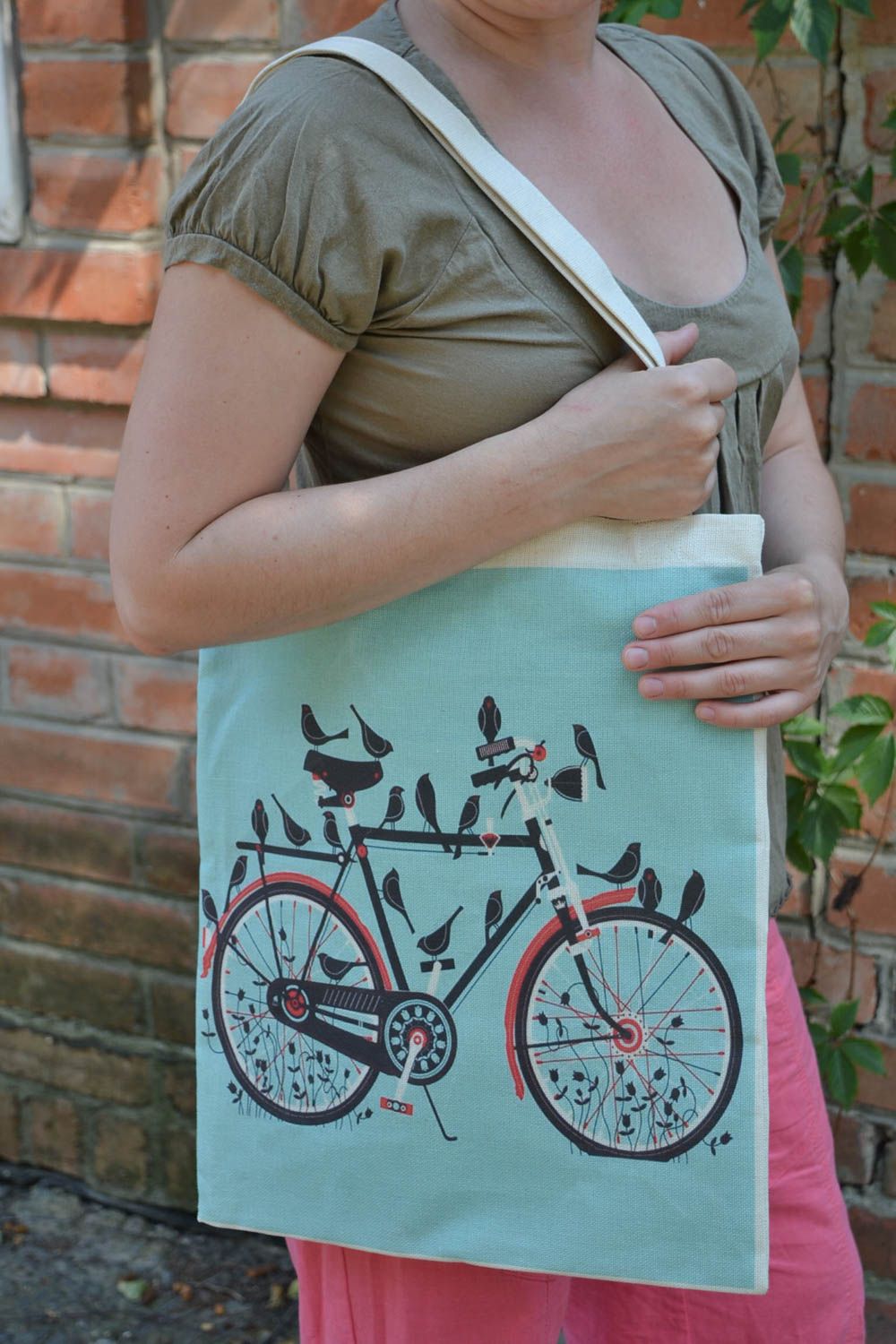 Handmade designer fabric women's bag with two handles and image of bicycle  photo 1