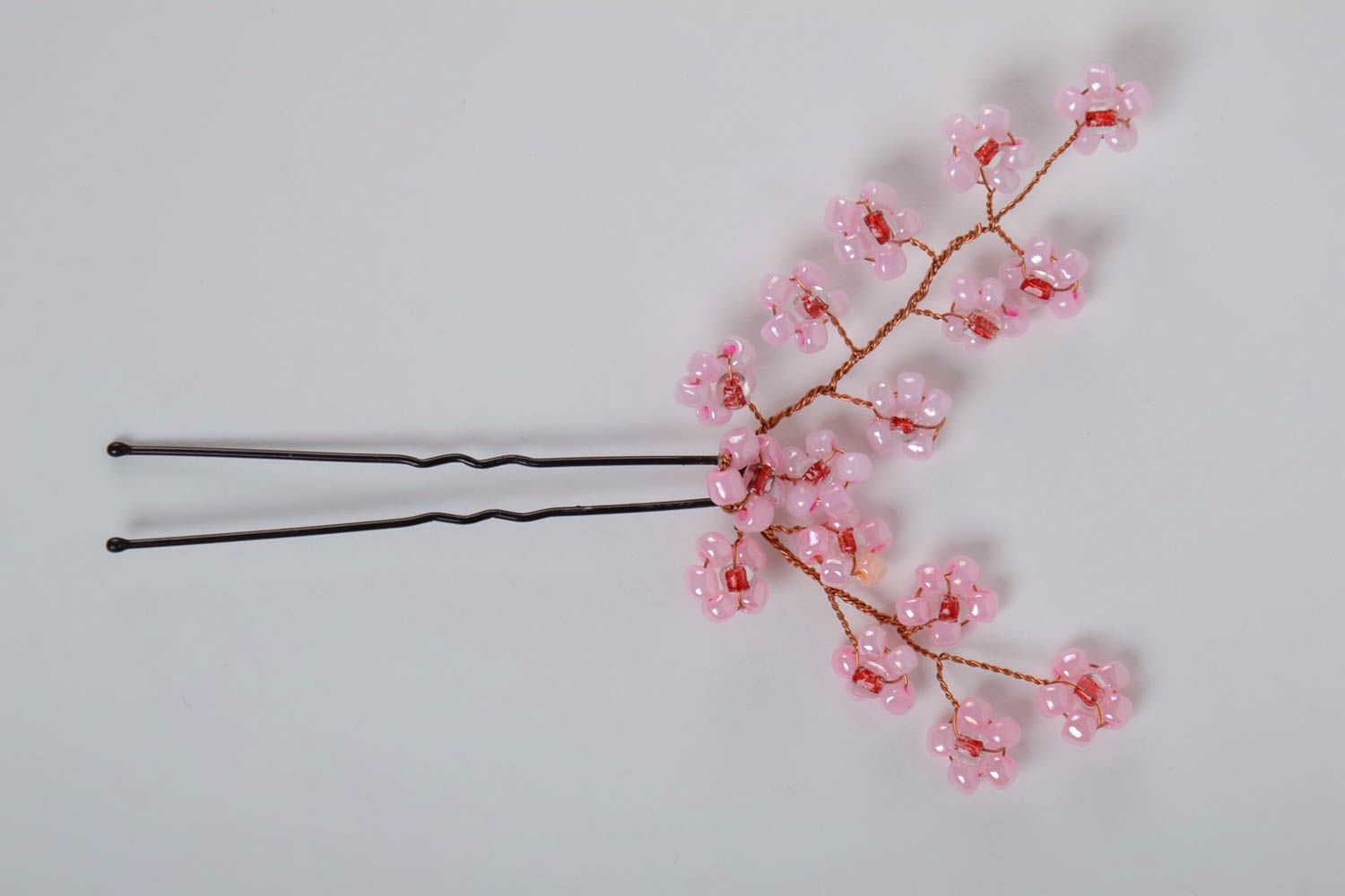 Handmade metal hair pin decorated with tender pink beaded flowers on wire basis photo 2