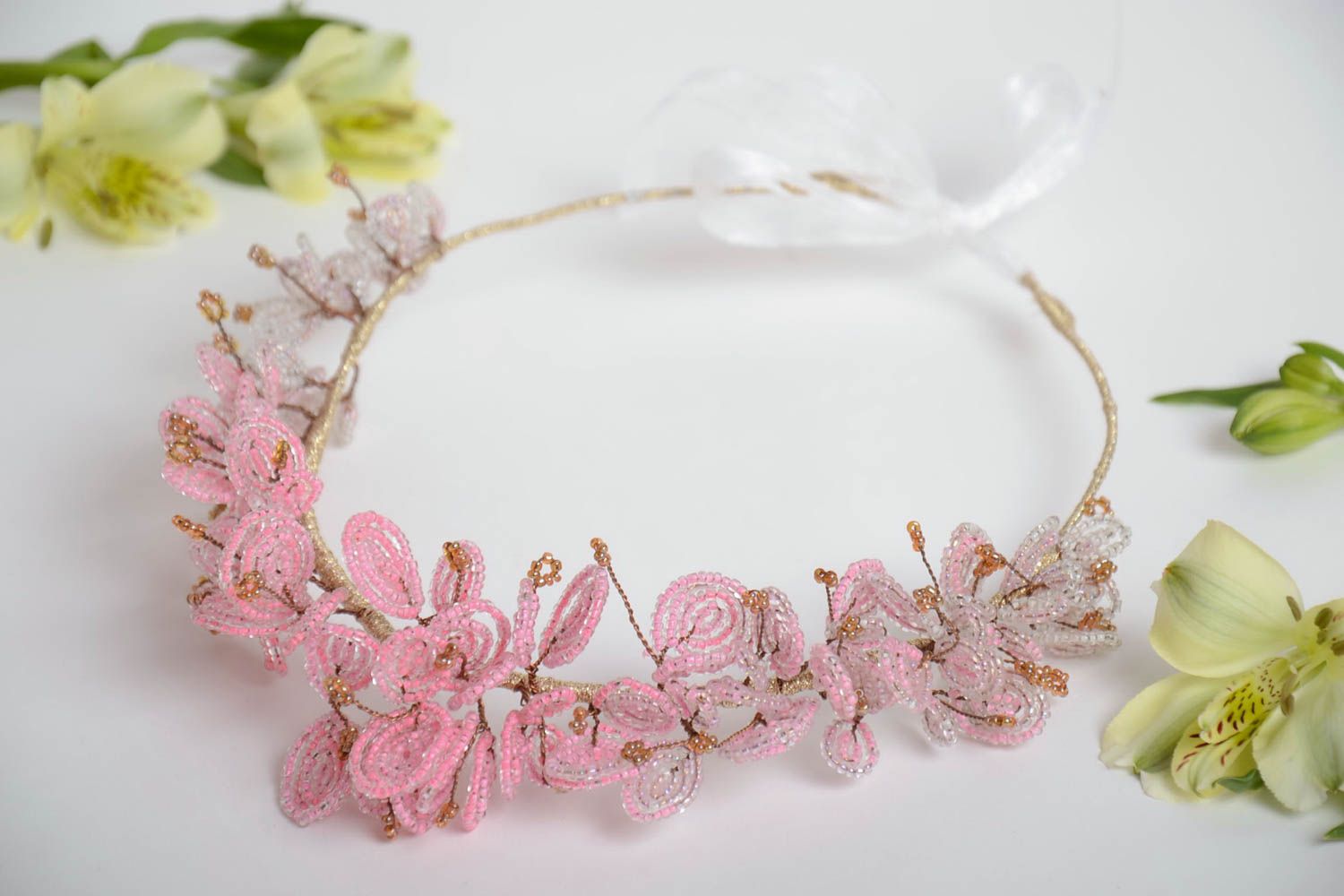 Handmade decorative thin headband with tender pink beaded flowers with ribbon photo 1