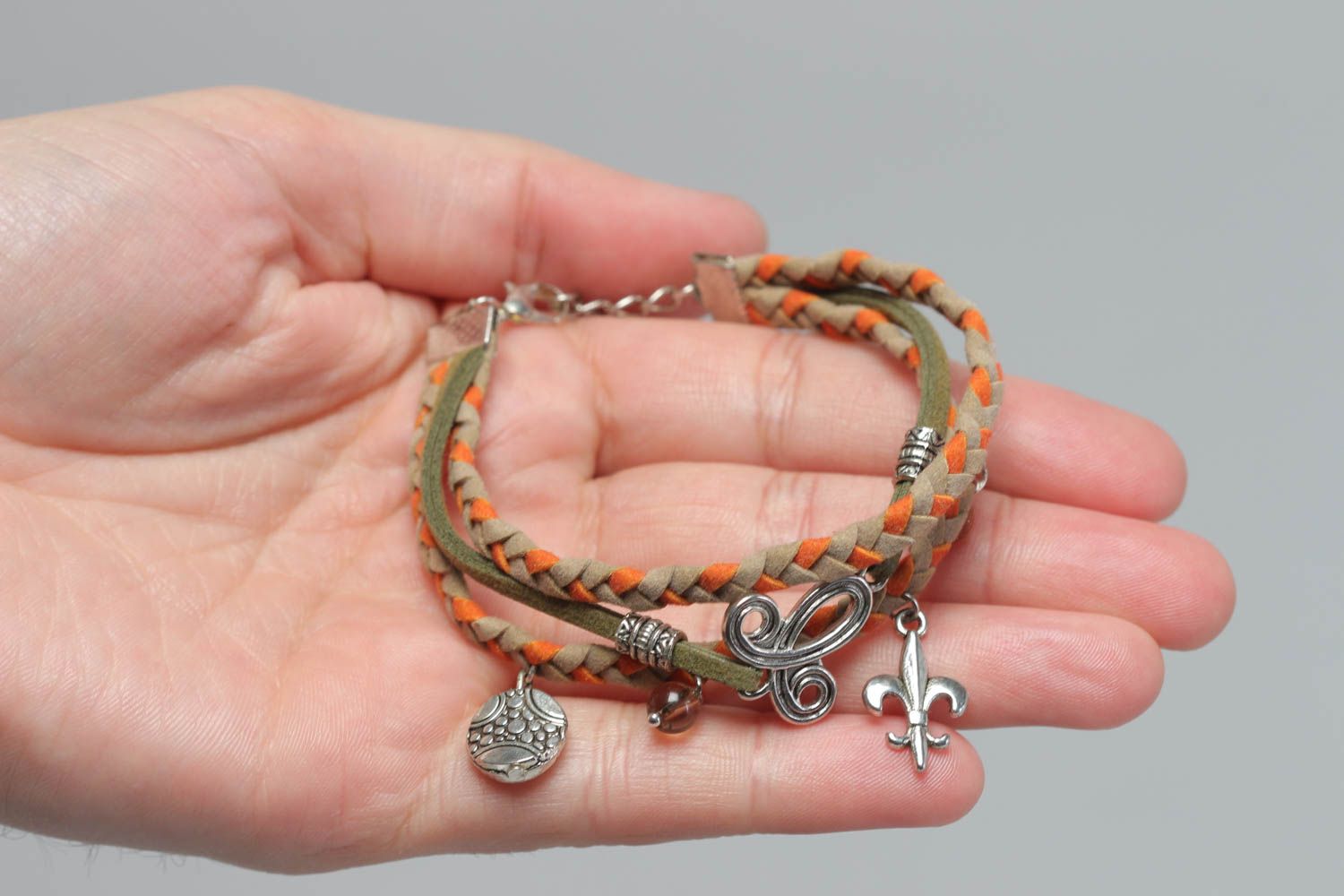 Handmade braided leather bracelet with metal charms fashion jewelry gift ideas photo 5