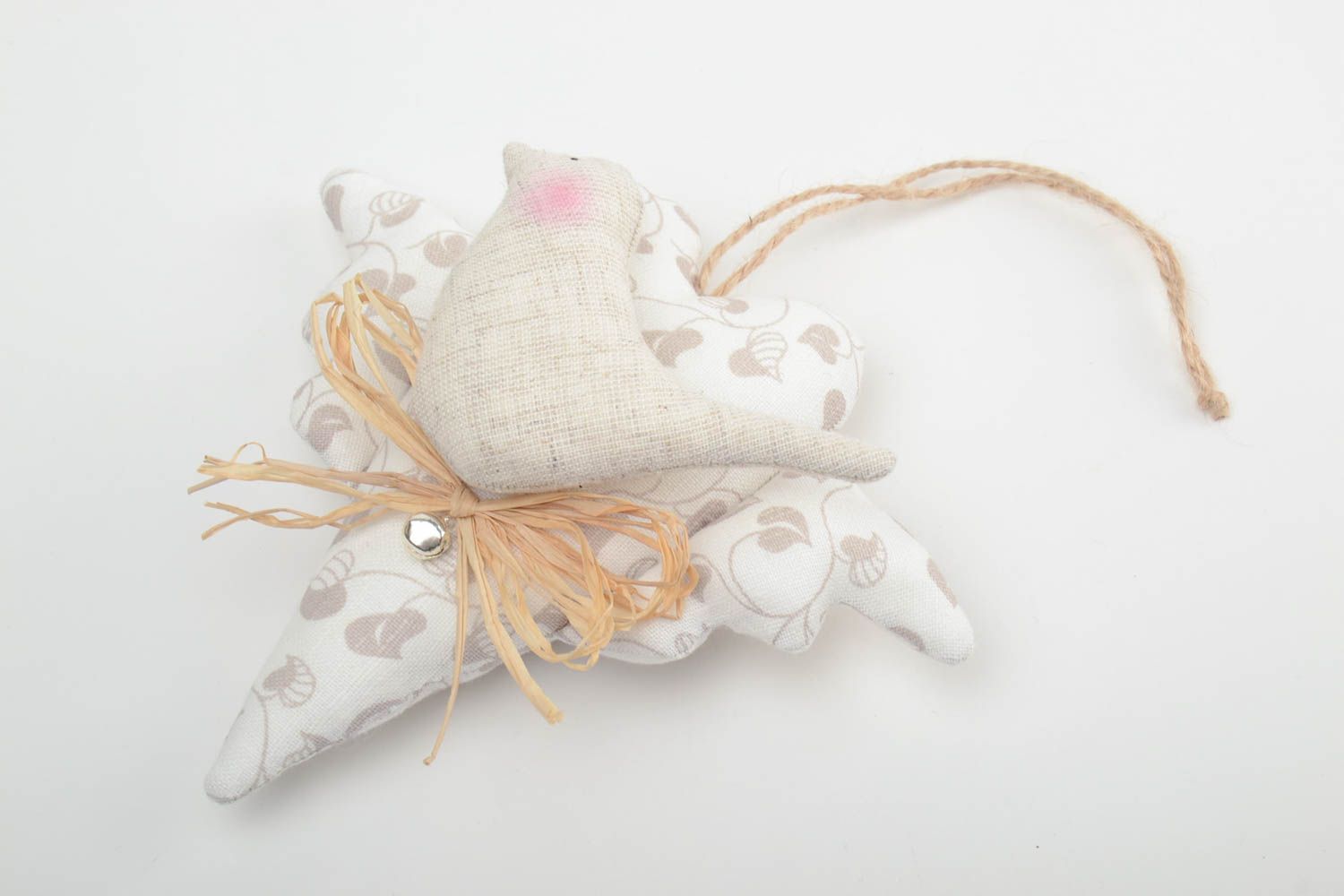 Handmade decorative light soft wall hanging sewn of natural fabrics heart and bird photo 2