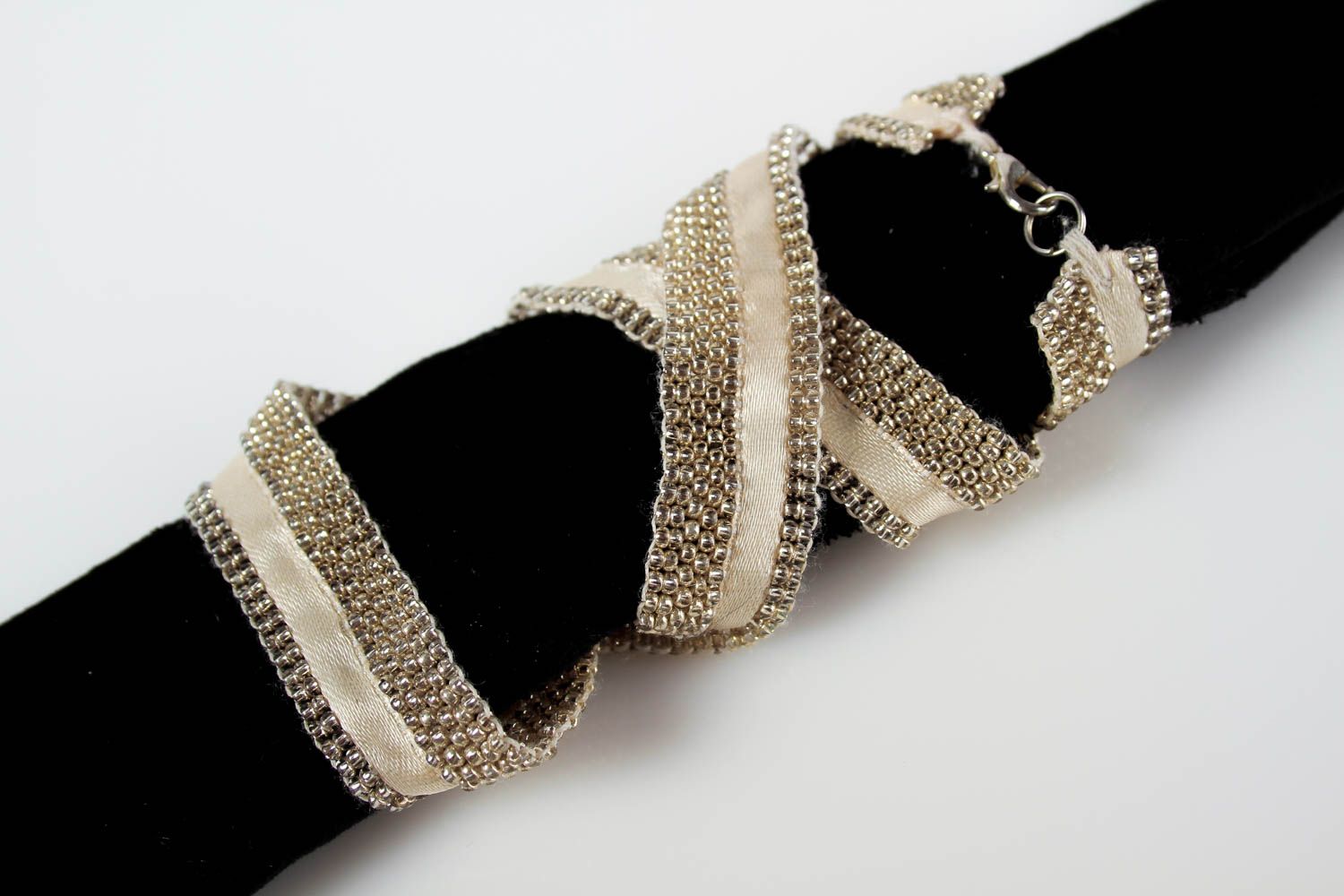Textile three layers ribbon beige bracelet for women photo 5