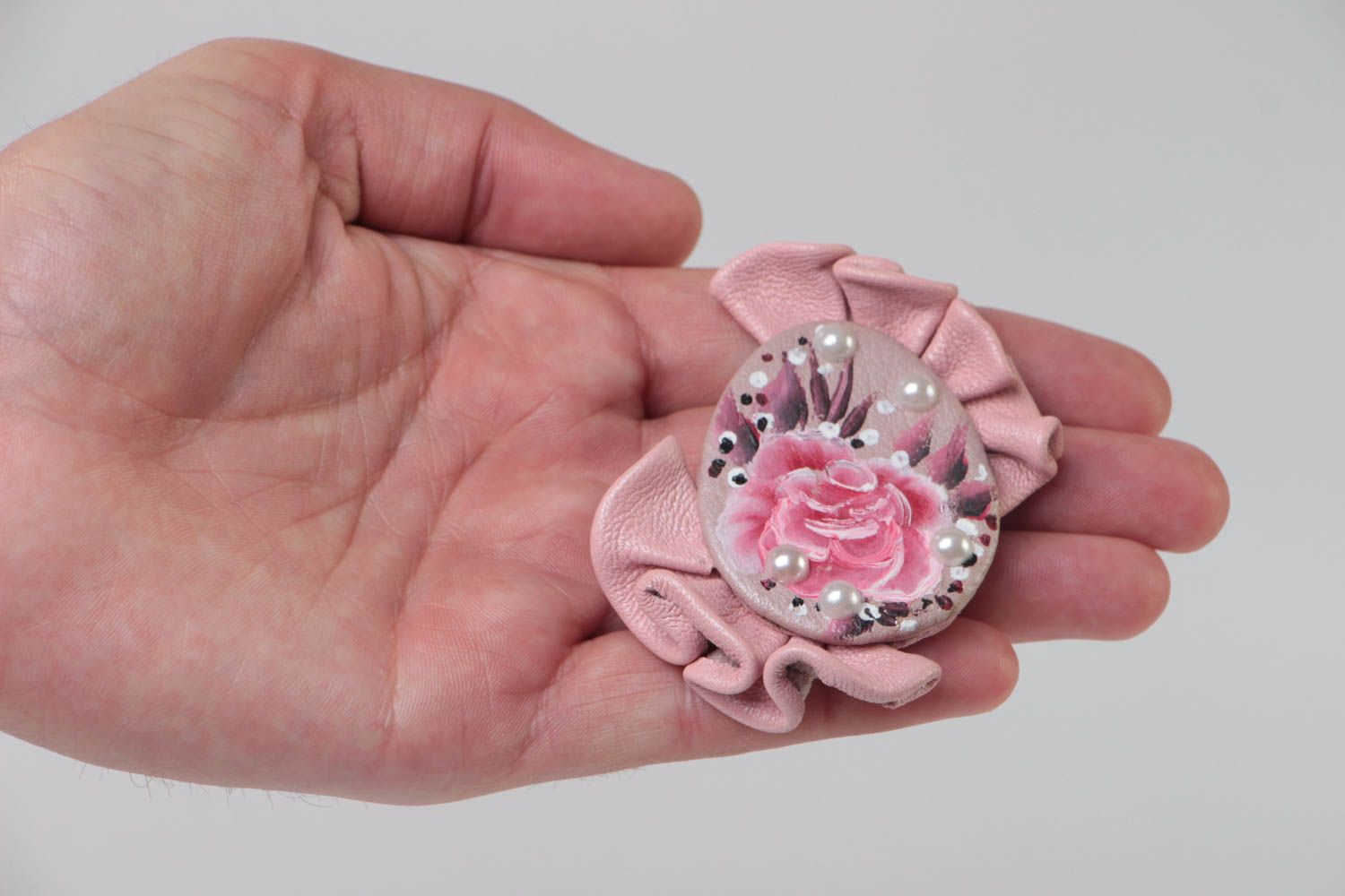Women's handmade painted pink leather flower brooch volume designer accessory photo 5
