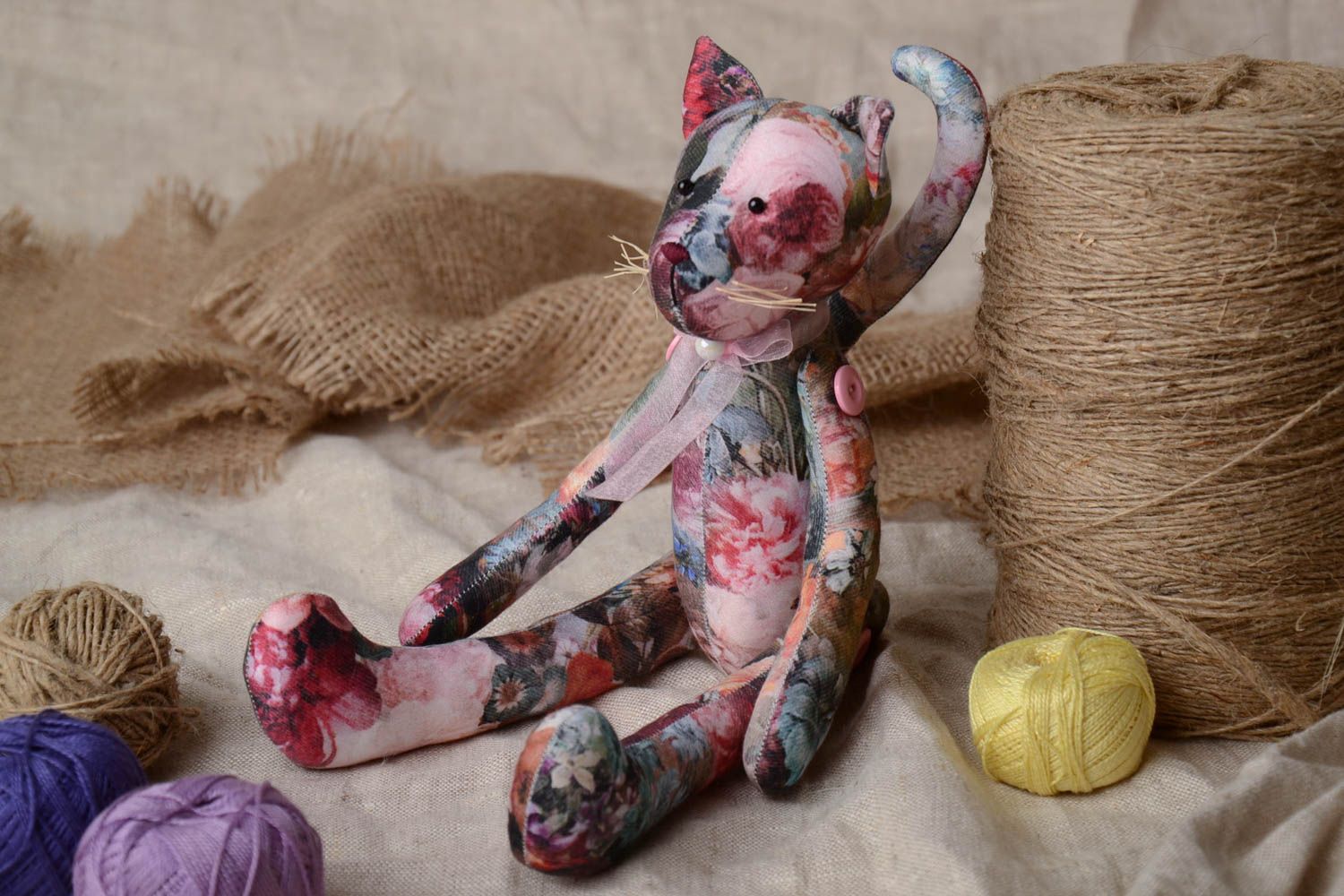 Handmade fabric soft toy with floral pattern decorated with beads and buttons Cat photo 1