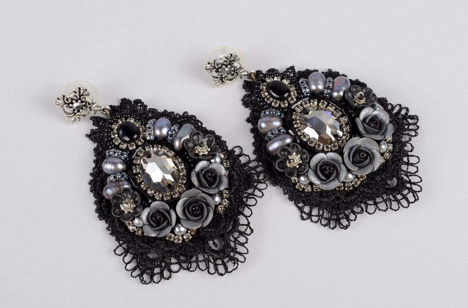 Handmade black earrings evening earrings with glass beads stylish accessory photo 1