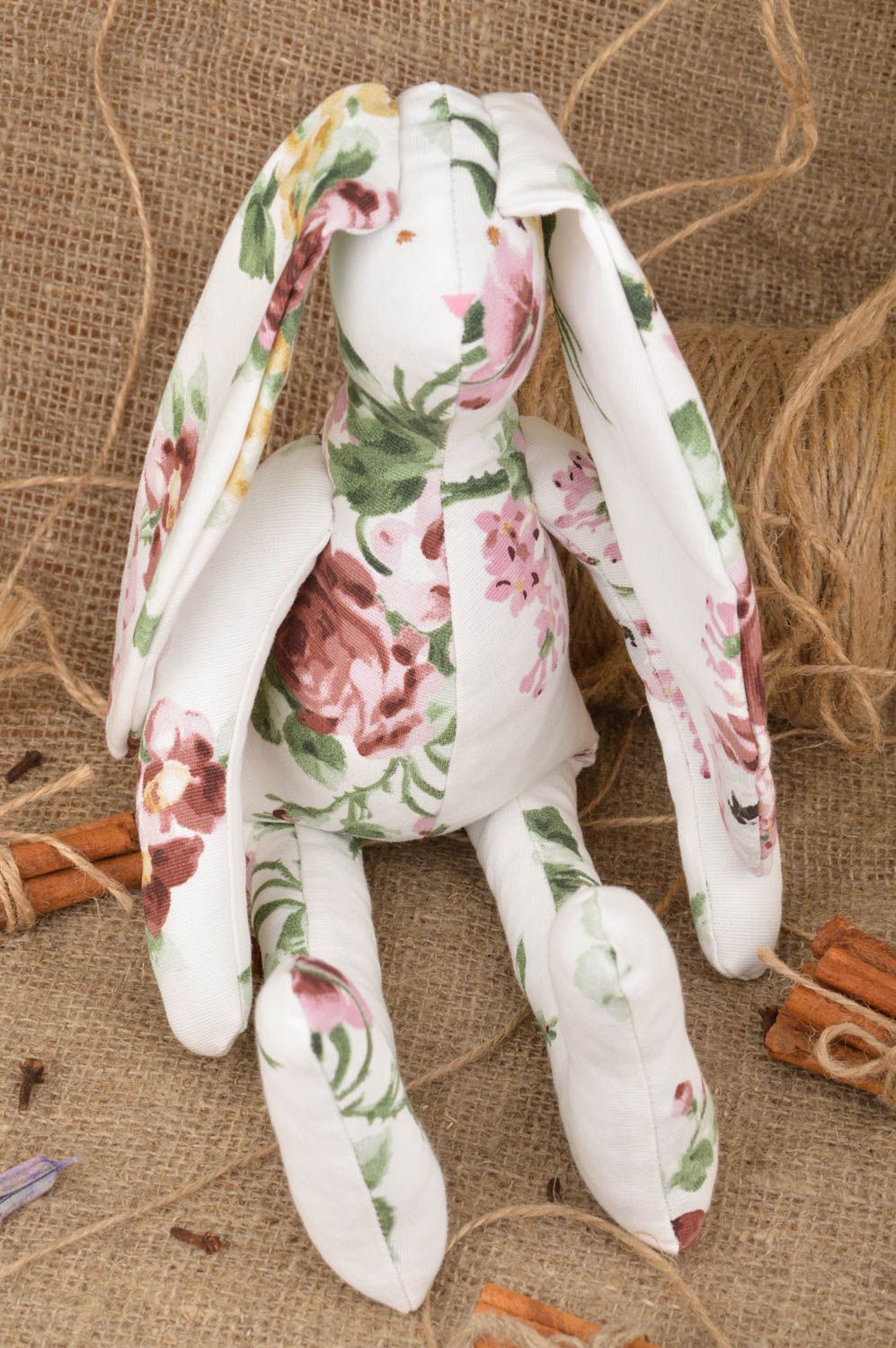 Handmade interior designer soft toy sewn of cotton fabric tender floral rabbit  photo 1