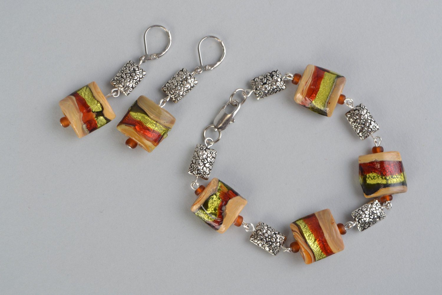 Handmade lampwork glass jewelry set 2 items colorful earrings and bracelet photo 1