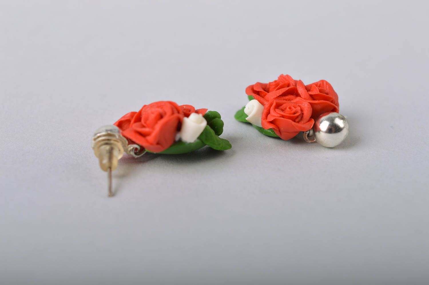 Handmade small stud earrings with cold porcelain red rose flower compositions photo 3