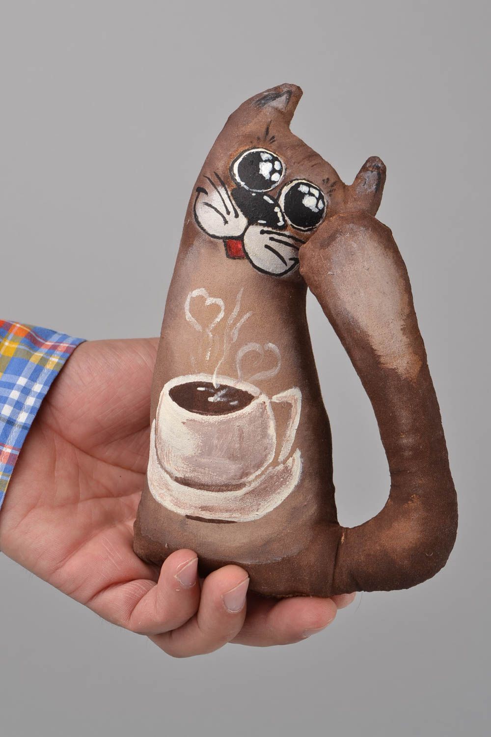 Beautiful handmade unusual painted fabric soft toy flavored with coffee photo 2