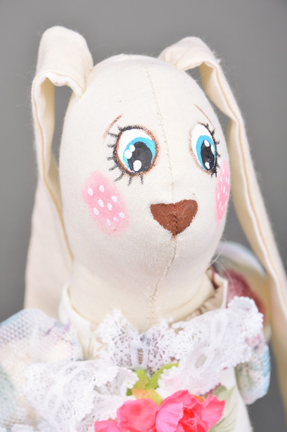 Handmade tapestry fabric soft toy long-eared hare with painting photo 4