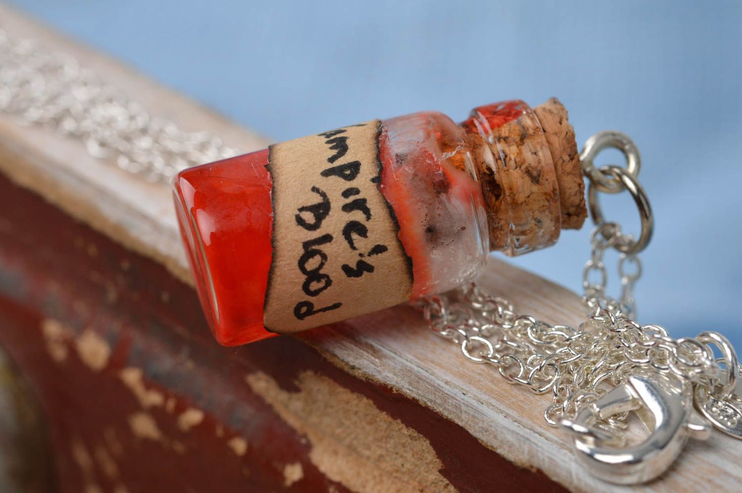 Handmade stylish cute red pendant in shape of glass jar with epoxy resin photo 4
