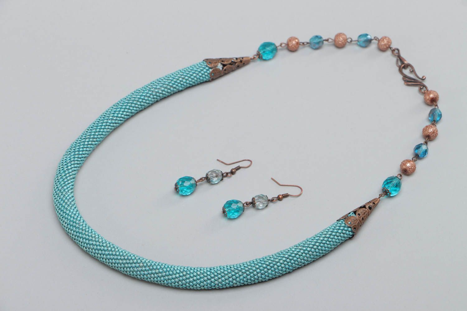 Set of handmade designer jewelry beaded cord necklace and dangling earrings photo 2