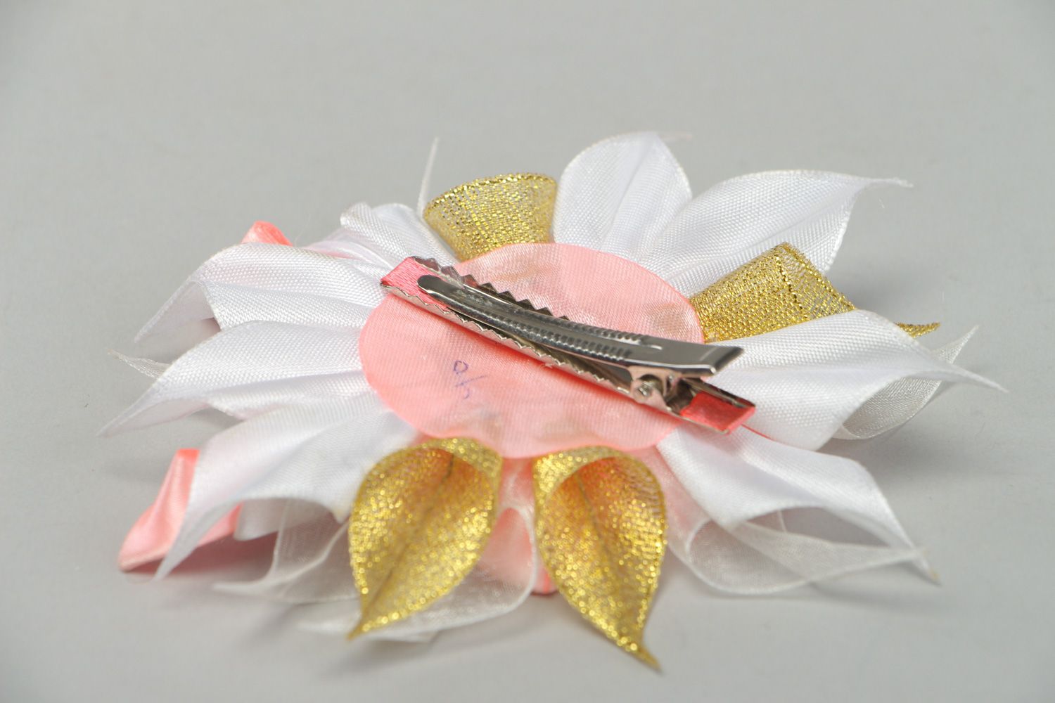 Tender handmade hair clip with satin ribbon kanzashi flower in pink color palette photo 3