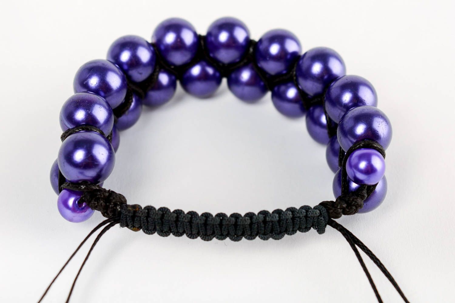 Handmade purple bracelet made of ceramic pearls and lace using macrame technique photo 3