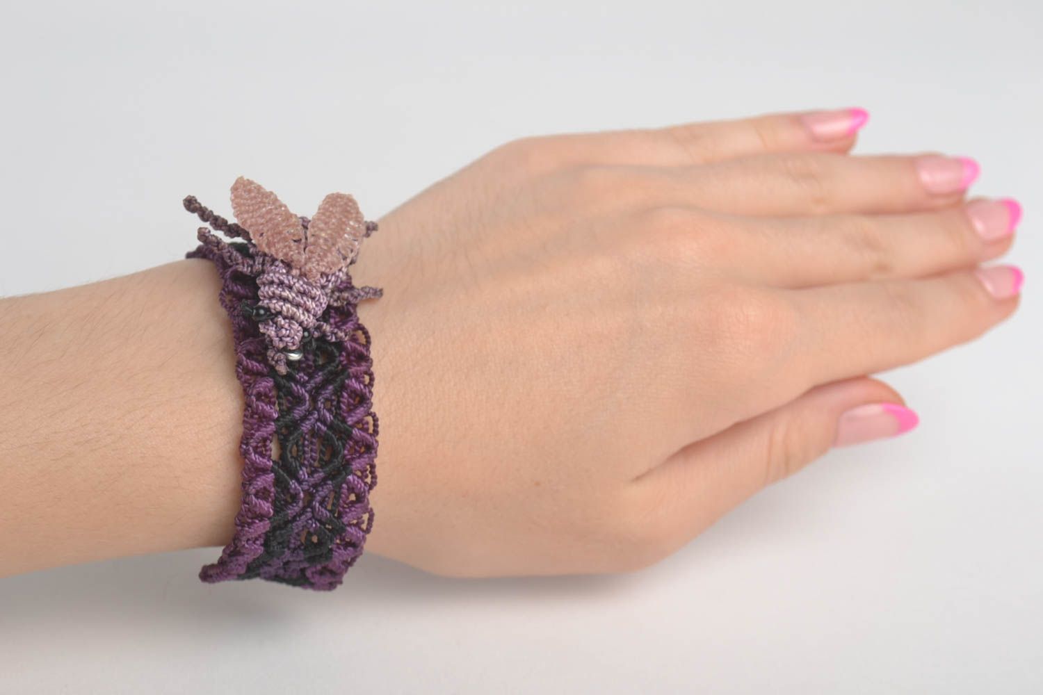 Bijoux macramé violets Bijoux faits main broche et bracelet tressés Cadeau femme photo 1