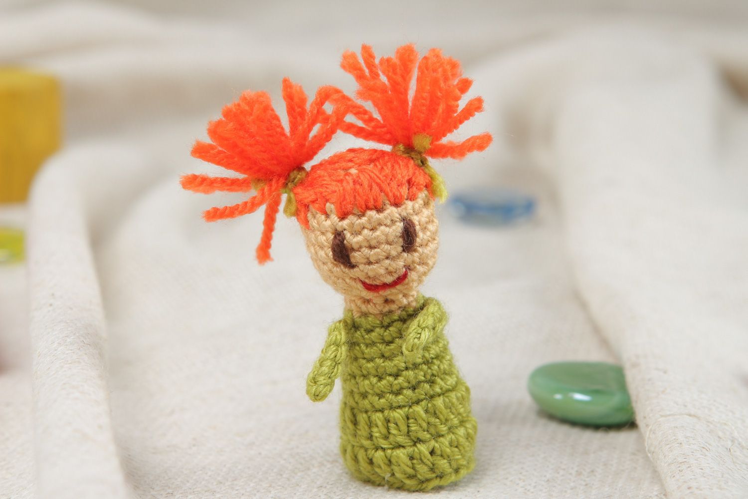 Handmade finger puppet crocheted of acrylic threads little girl for home theater photo 5