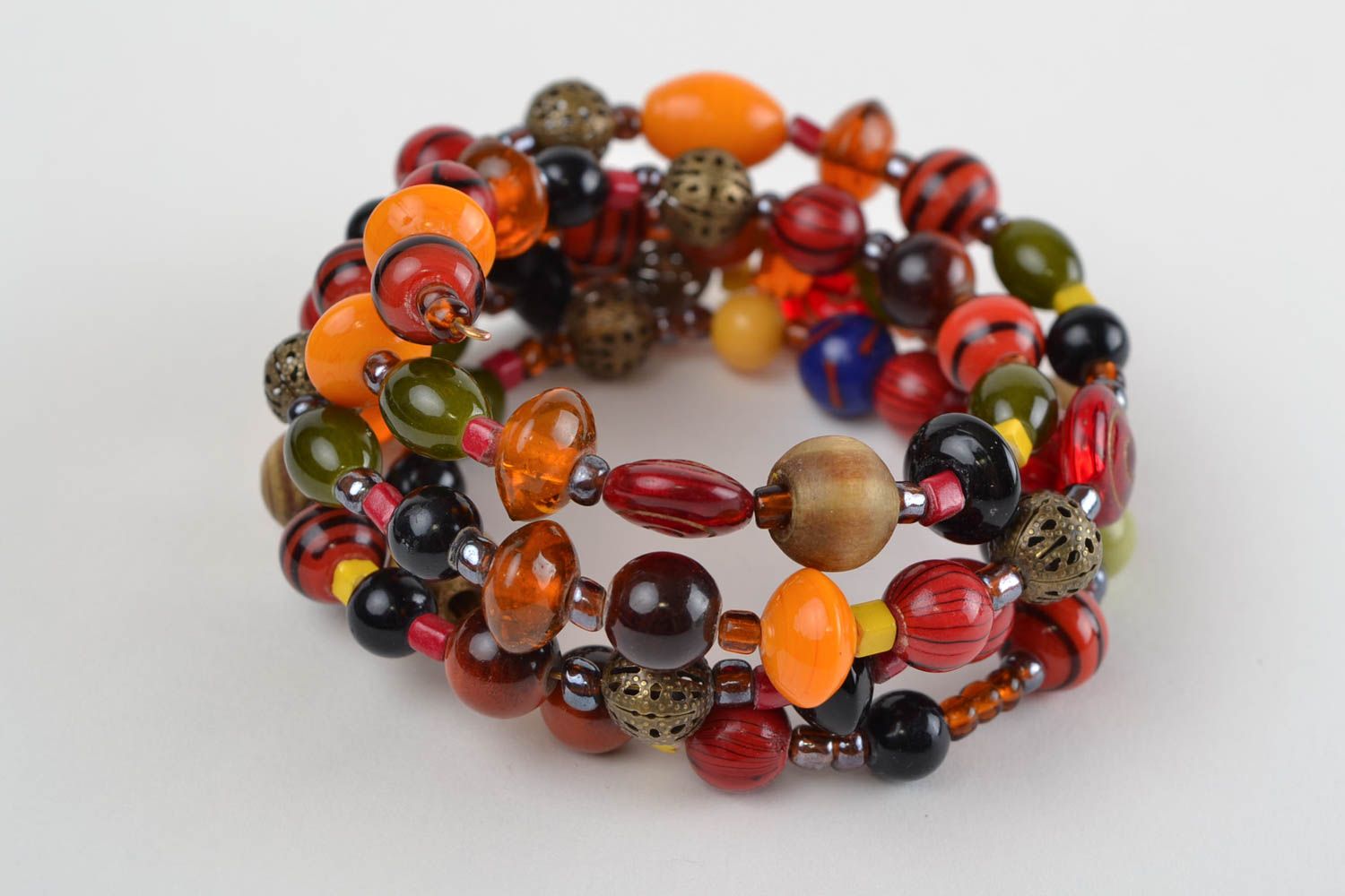 Handmade multi row designer wrist bracelet with wooden and glass colorful beads photo 1