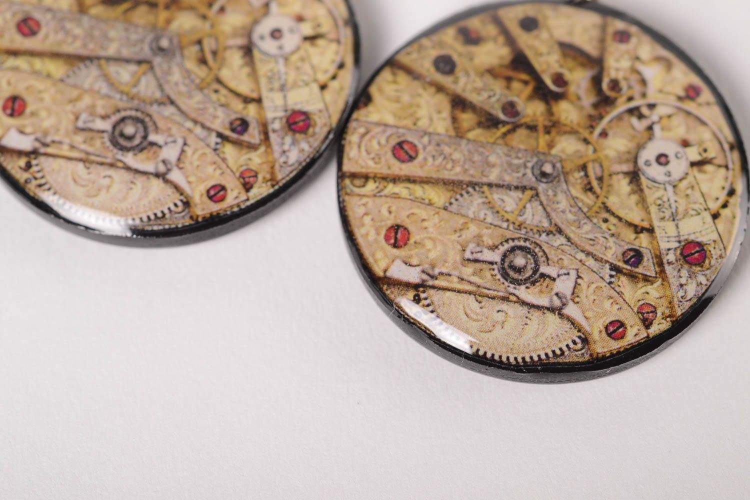 Trendy earrings handmade accessories round decoupage earrings with watch parts  photo 4