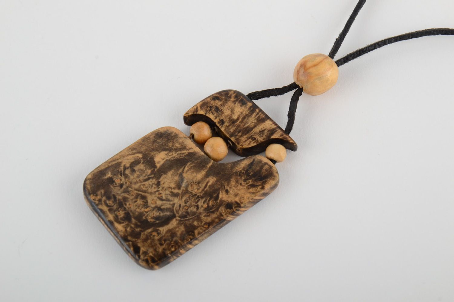Handmade designer wooden neck pendant with cord in ethnic style for women photo 3