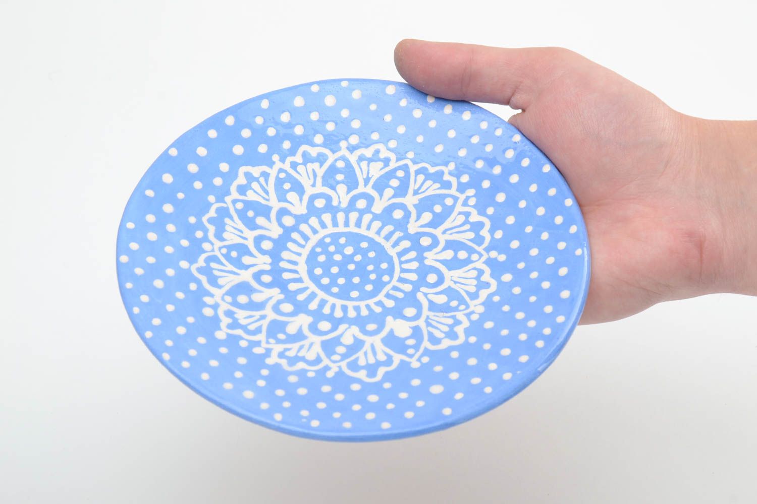 Handmade decorative blue polka dot glazed ceramic saucer with white ornaments  photo 5