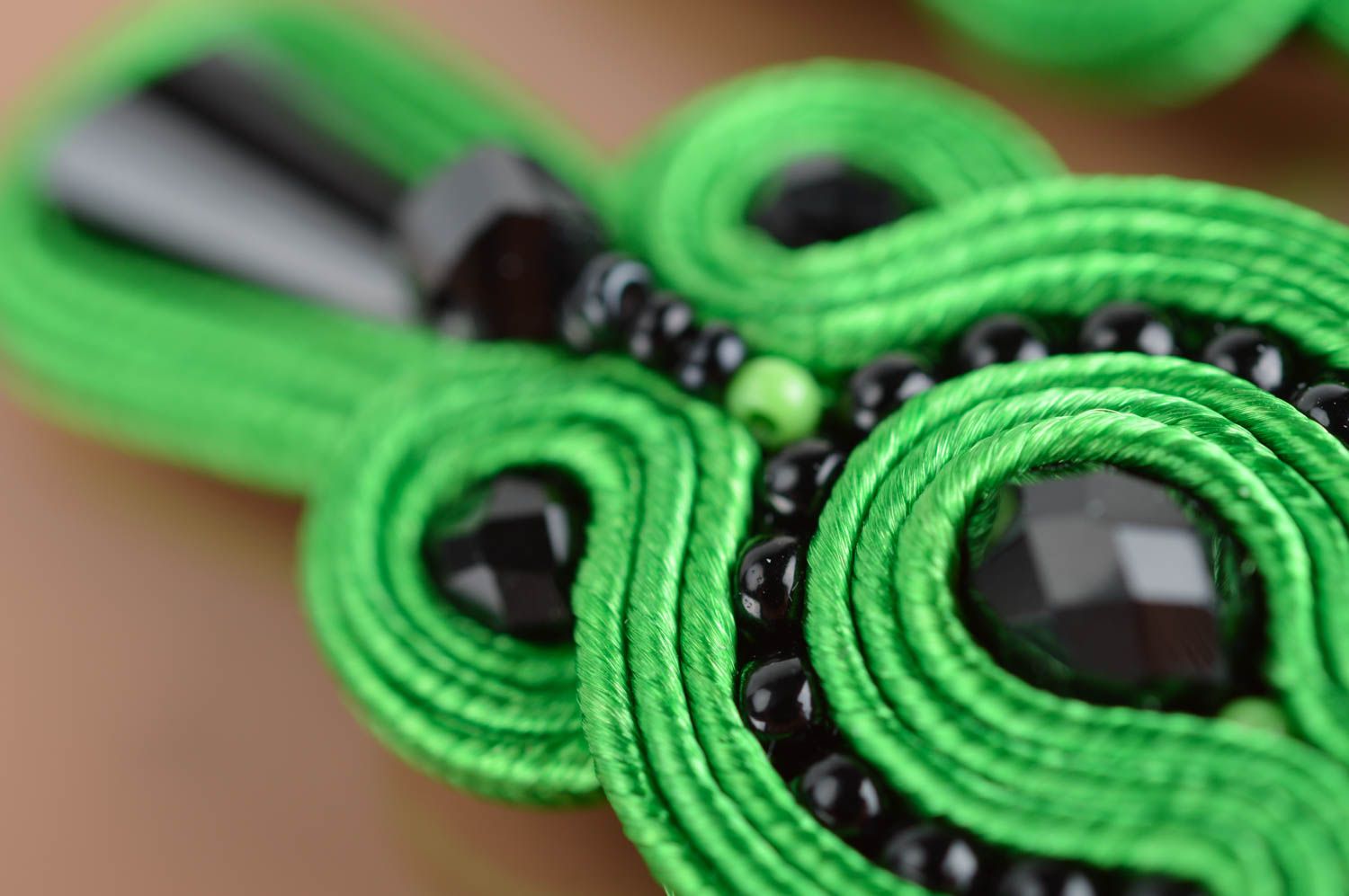 Handmade massive long soutache earrings in green color for an evening event photo 4