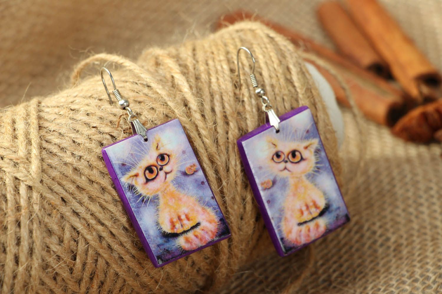 Polymer clay earrings with the image of a kitten photo 3