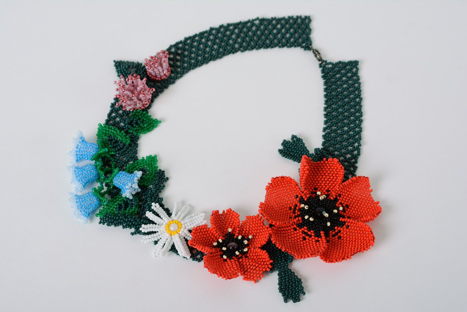 Bright colorful volume necklace woven of seed beads with flowers for women photo 3