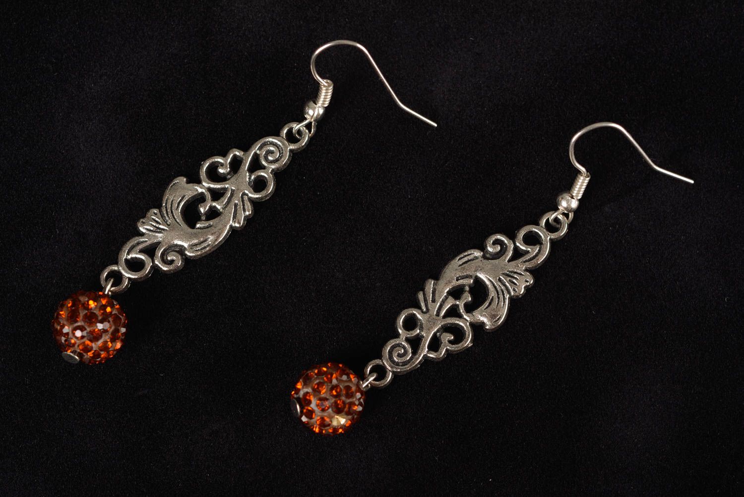 Metal earrings with rhinestones female long beautiful handmade accessory photo 1