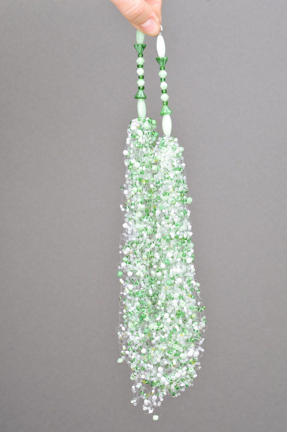 Handmade airy multi row beaded necklace in white and green colors for women photo 3