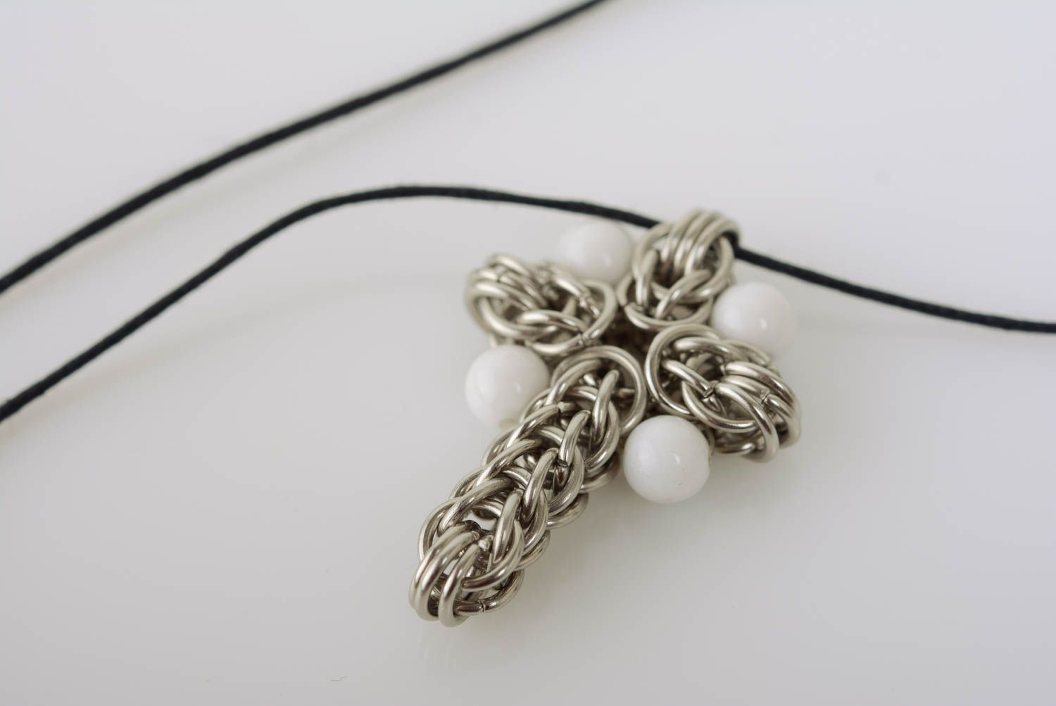 Metal cross on long cord chain mail weaving with white beads handmade accessory photo 1