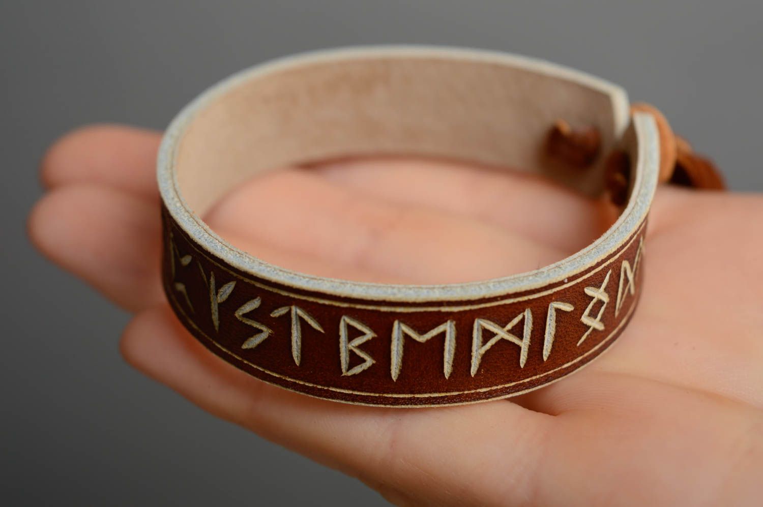 Genuine leather wrist bracelet with runes photo 4