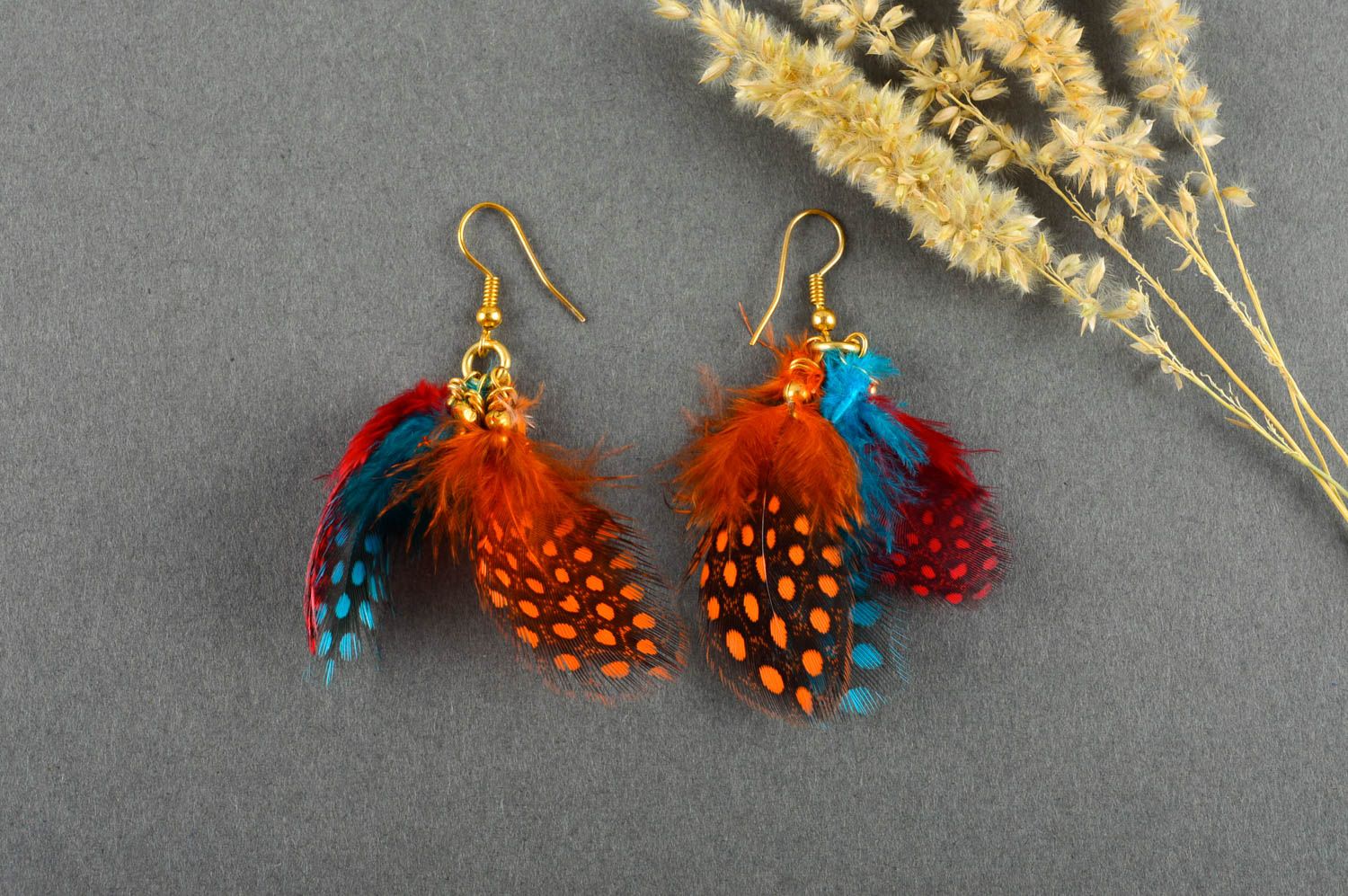 Handmade bright earrings unusual feather earrings designer earrings with charms photo 1