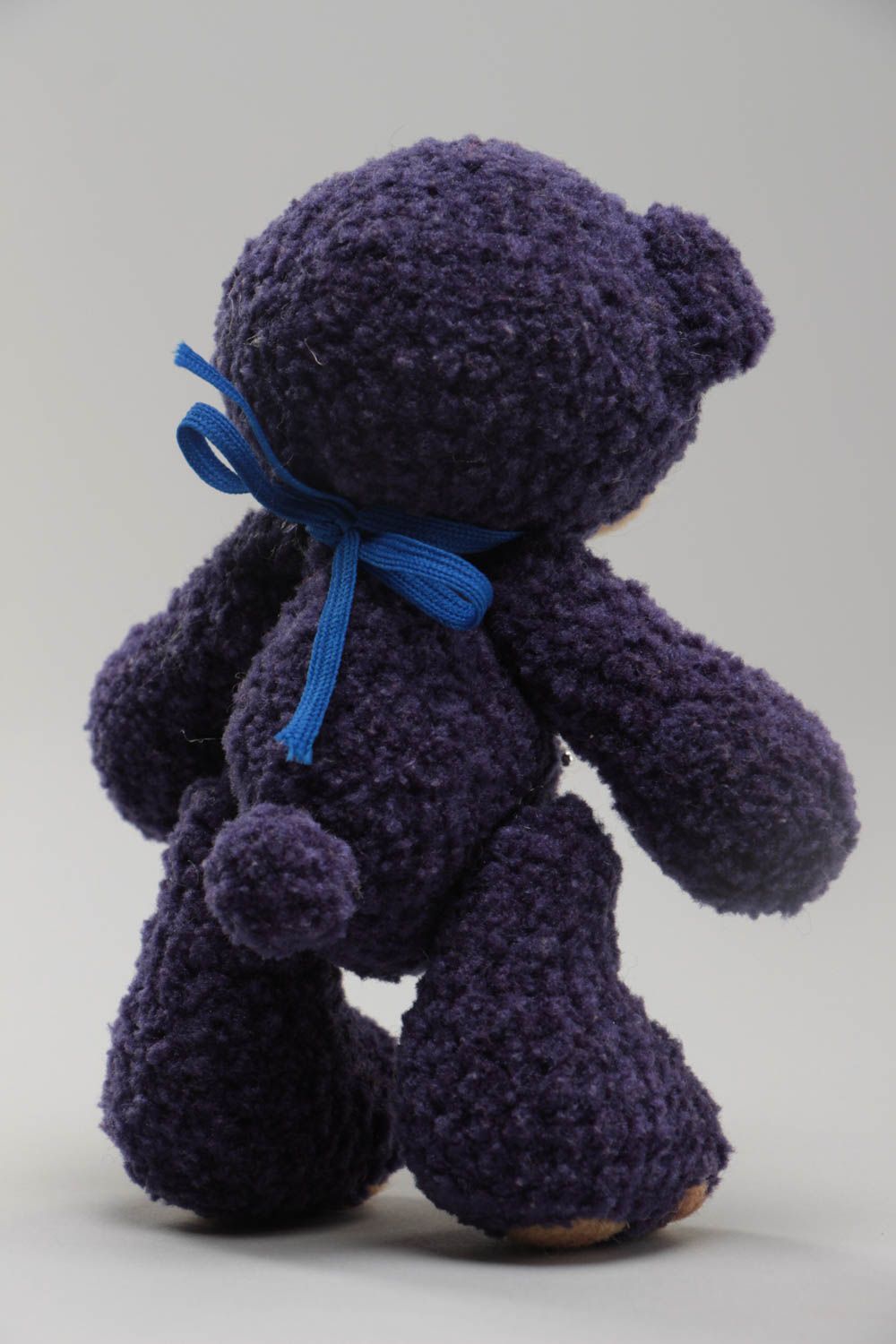 Handmade designer soft toy crocheted of woolen threads blue bear with charm photo 4
