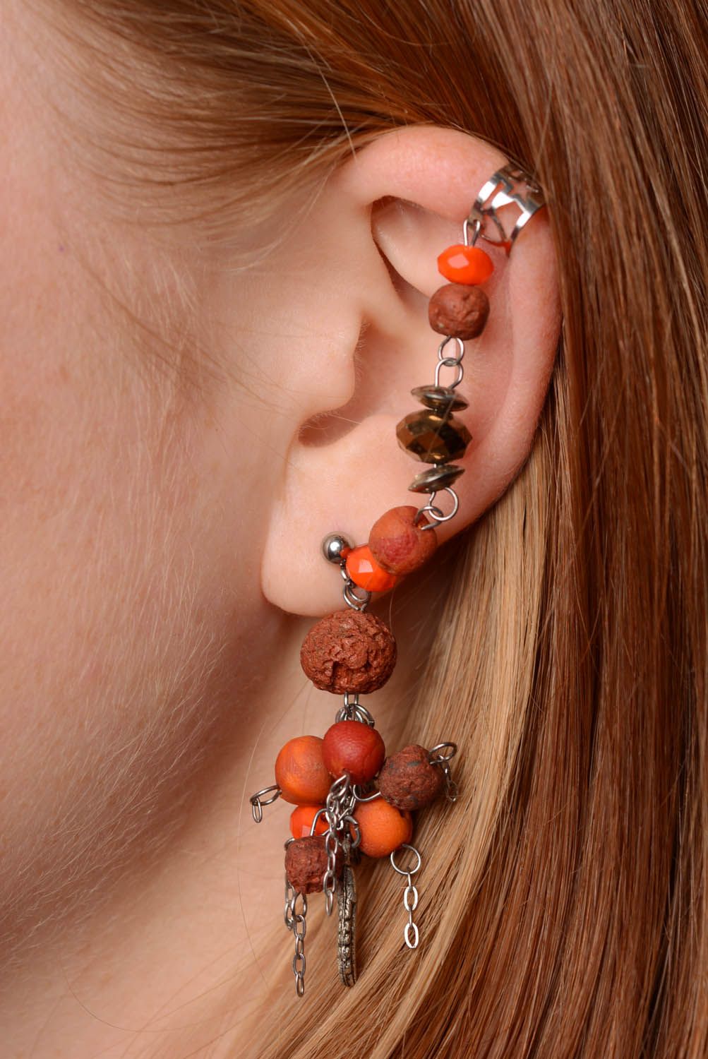 Polymer clay cuff earrings Autumn Wood photo 3