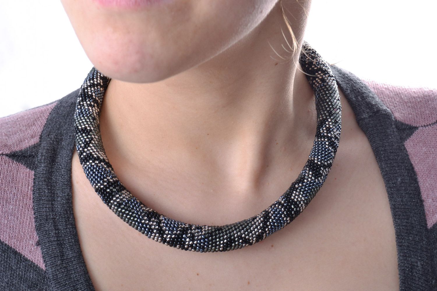 Beautiful gray handmade Czech bead cord necklace with snake print photo 1