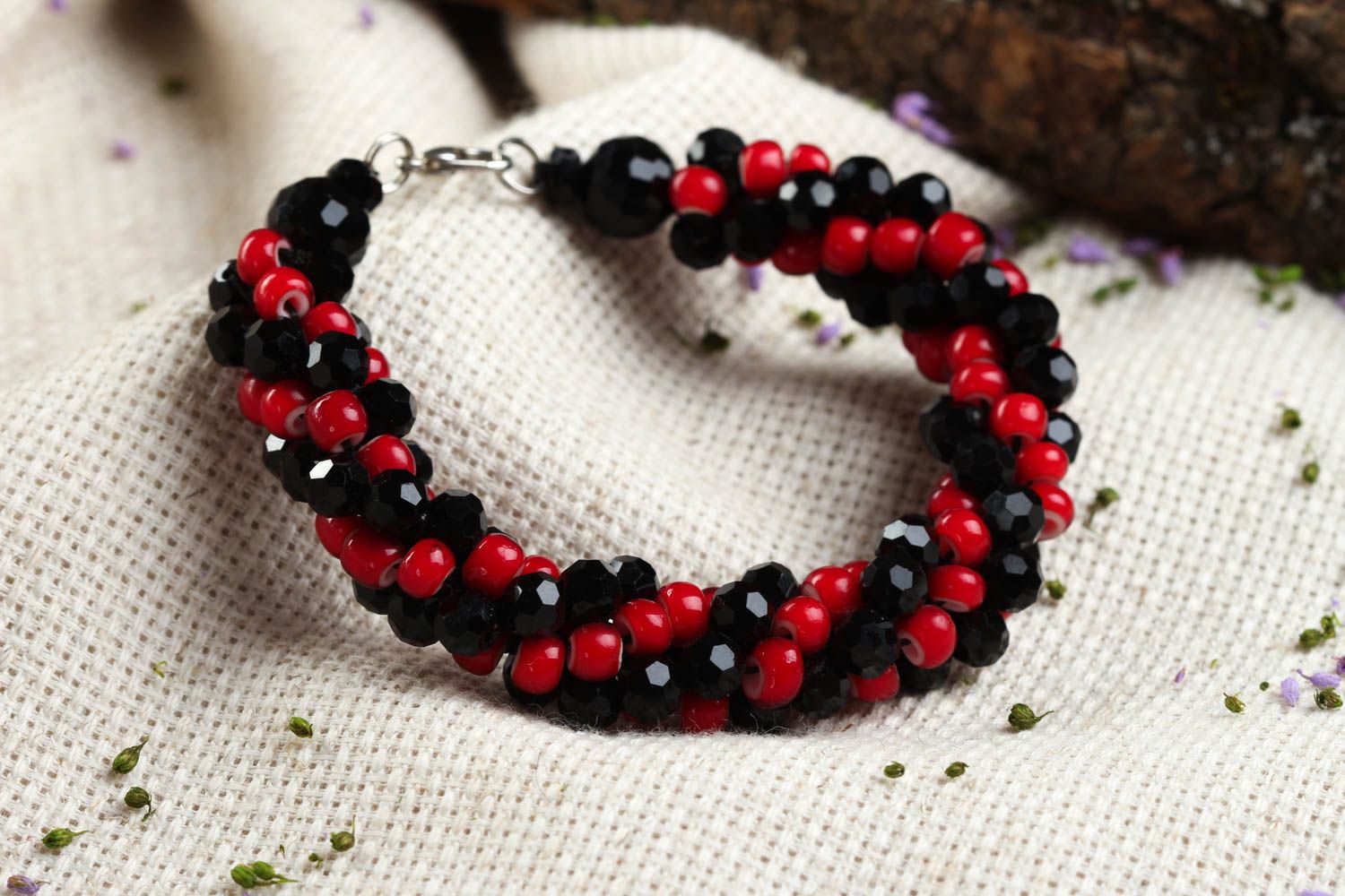 Black and red beads wide cord adjustable bracelet for women photo 2