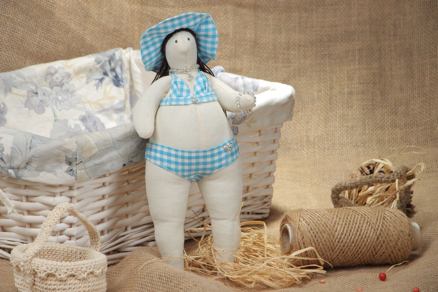 Handmade soft toy sewn of cotton and linen fabric Girl in Blue Swimming Suit photo 1