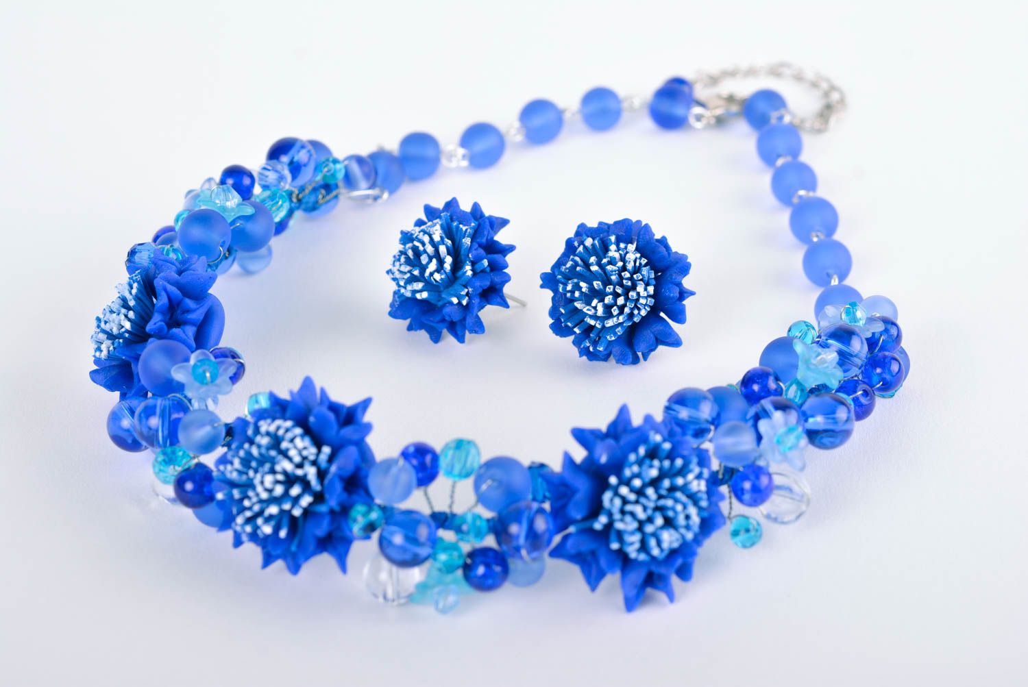 Parure collier boucles d'oreilles Bijoux fait main bleus floraux Cadeau femme photo 1